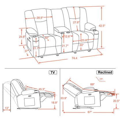 Power Reclining Loveseat with Console,  Heat and Massage, Fabric 6045