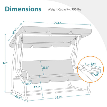 Mcombo 3 Seat Patio Swing Chair, Outdoor Swing with Adjustable Canopy, Weather Resistant Steel Frame, Porch Swing Sets for Backyard, Poolside, Balcony, 4090