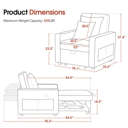 MCombo 3 in 1 Convertible Sleeper Sofa Bed, Pull Out Couch with 3 Levels Adjustable Backrest, Upholstered Recliner Chair for Living Room Small Space