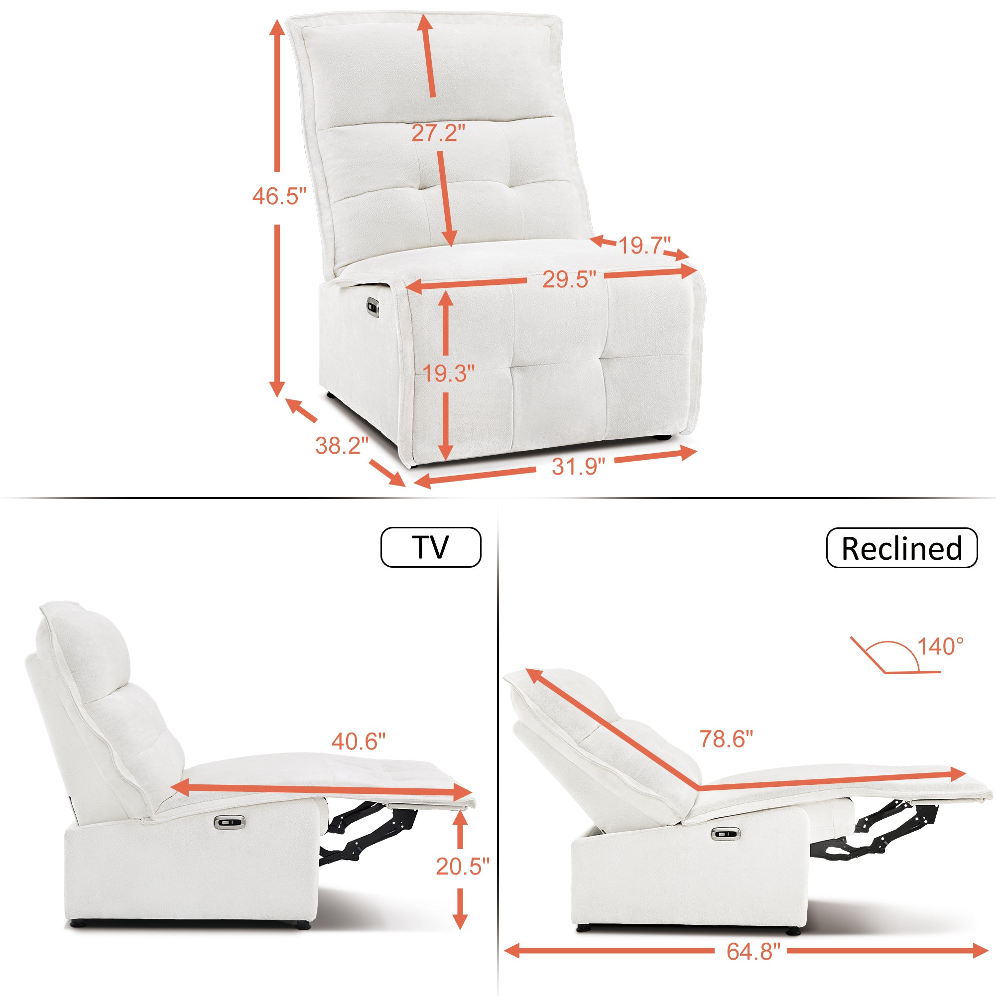 MCombo Armless Power Recliner Sofa with USB Ports, 3.5" Wall Clearance Electric Reclining Sofa Chair for Living Room, 6160-ARL01