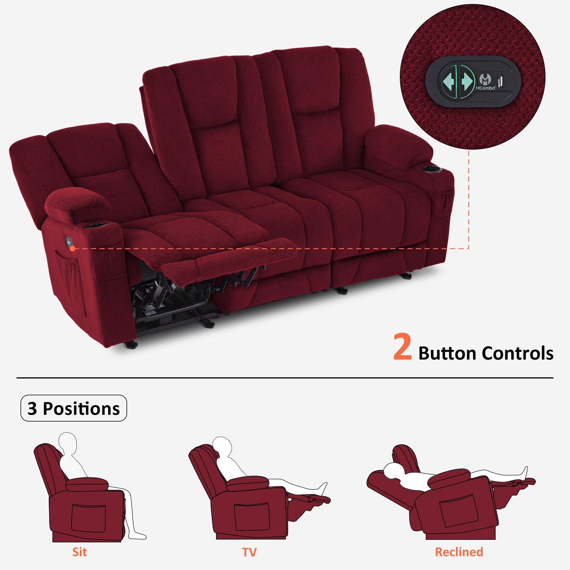 Power Reclining Sofa with Heat and Massage, Fabric 6015