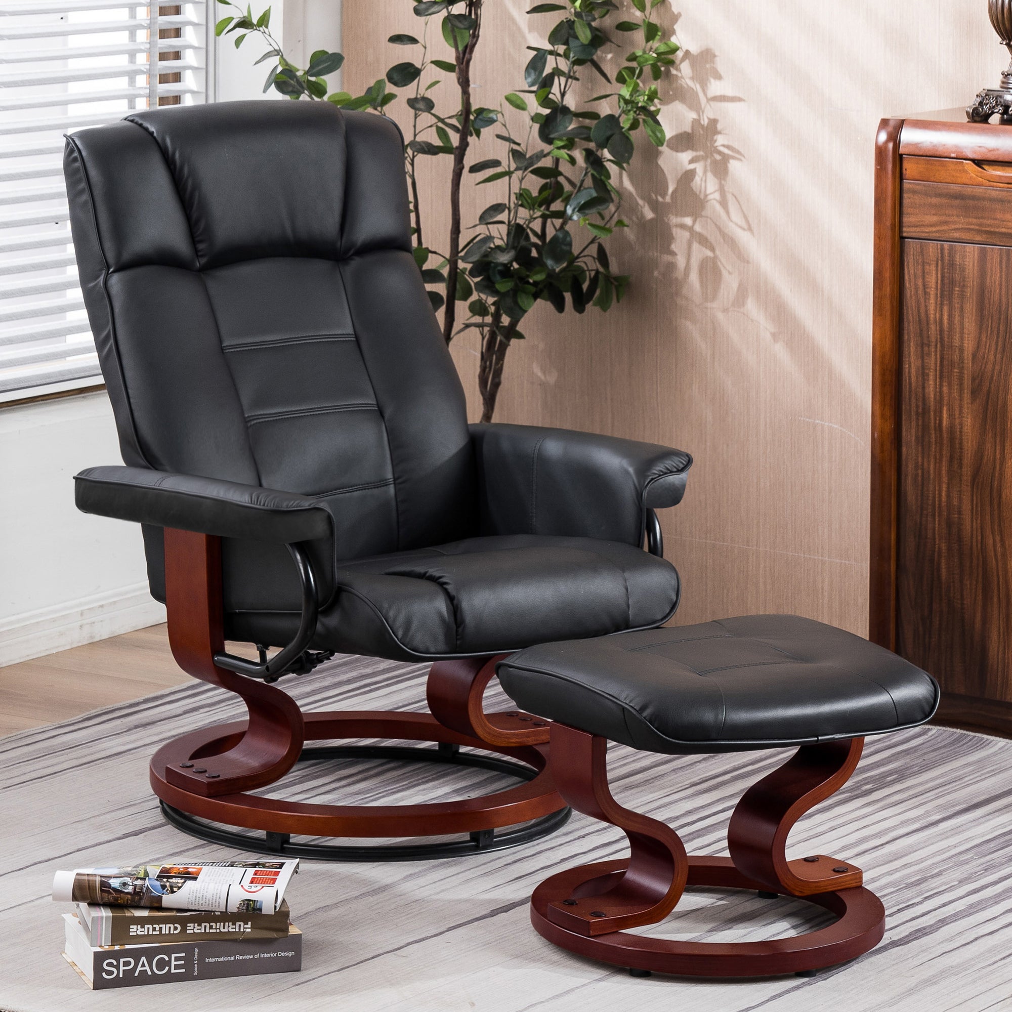 MCombo Swiveling Recliner Chair with Wrapped Wood Base and Matching Ottoman Footrest, Furniture Casual Chair, Faux Leather 9019