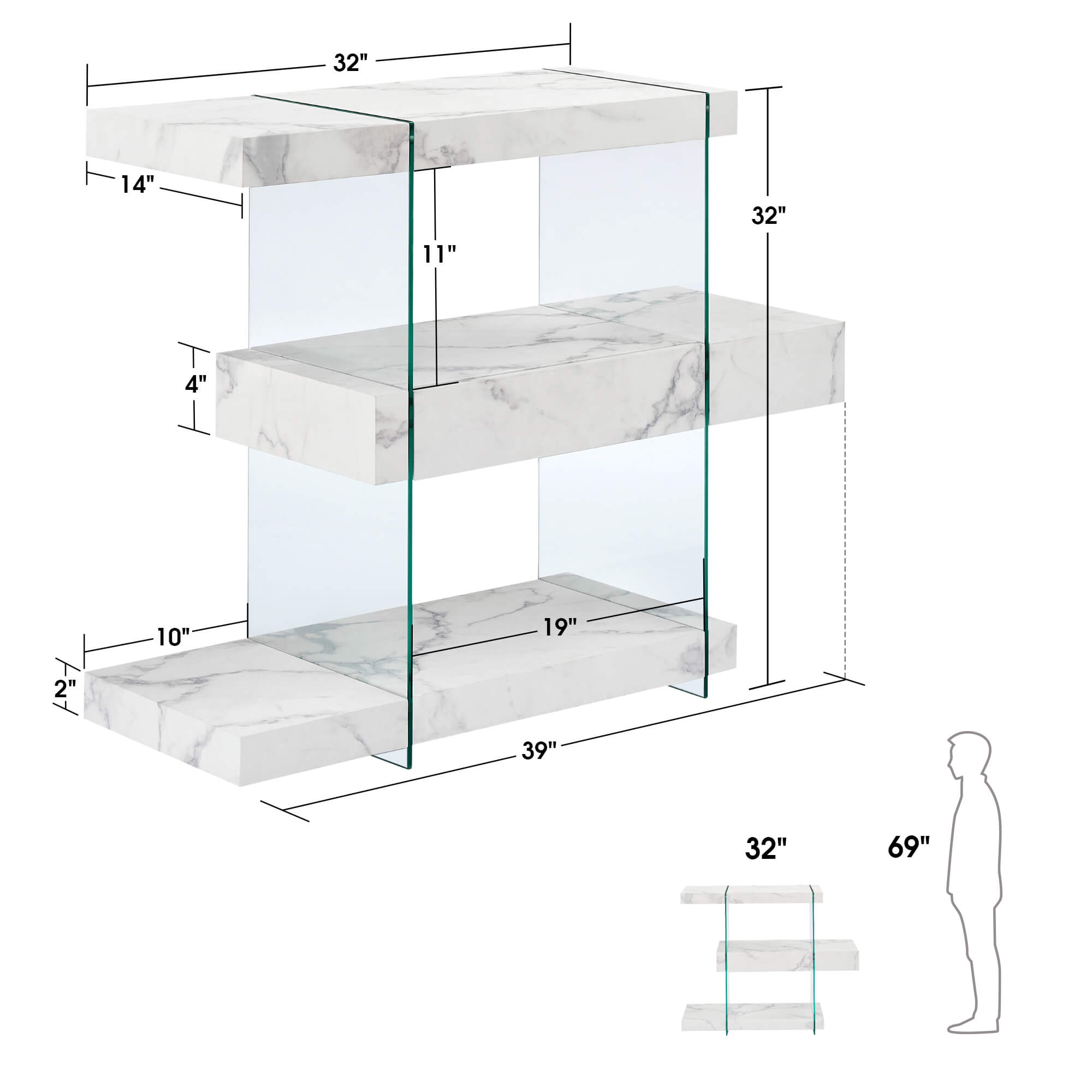 Glass Console Table with Storage Shelves, 5104