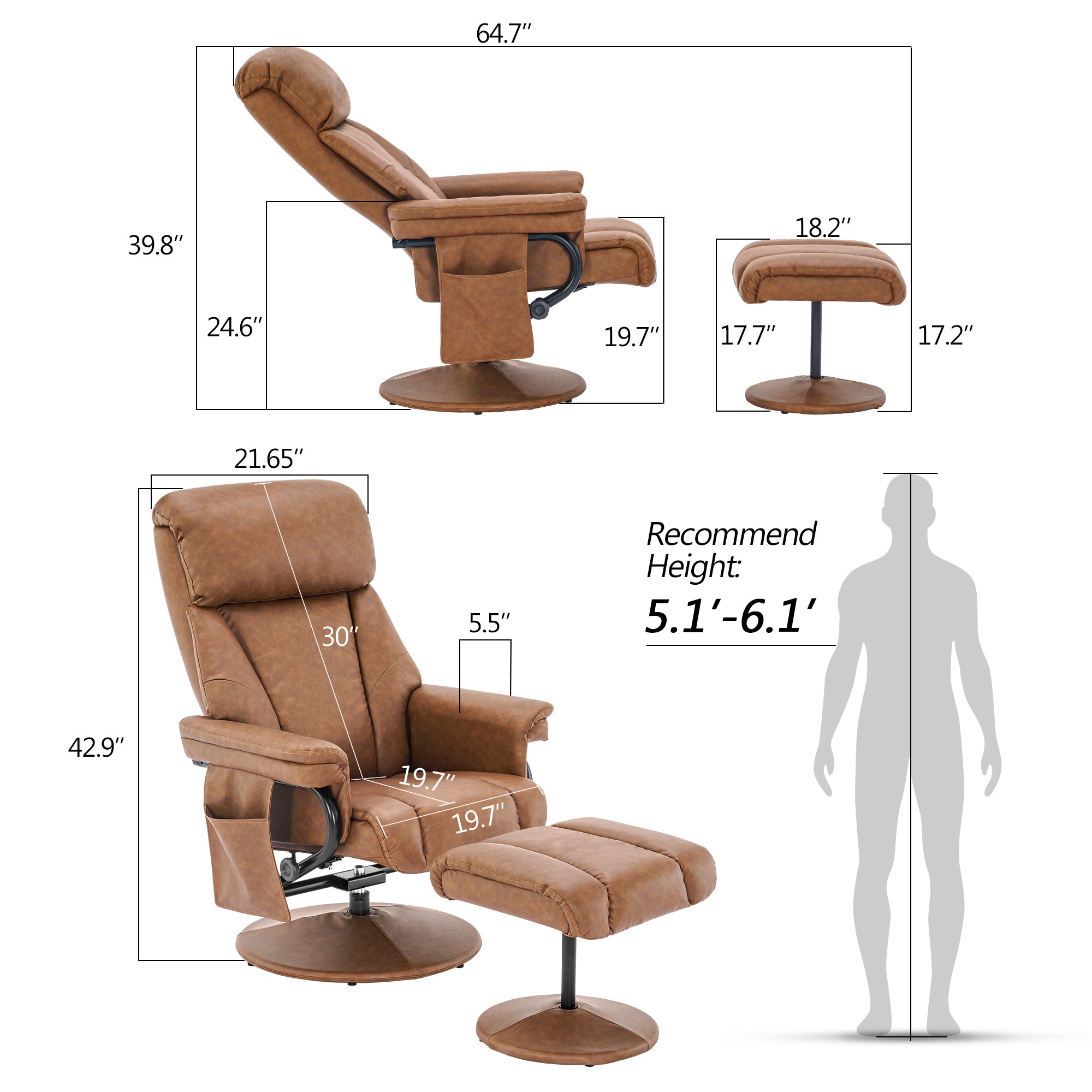 MCombo Swivel Recliner with Ottoman, Reclining Chair with Massage, Faux Leather Lounge Chairs for Living Room Bedroom 4539