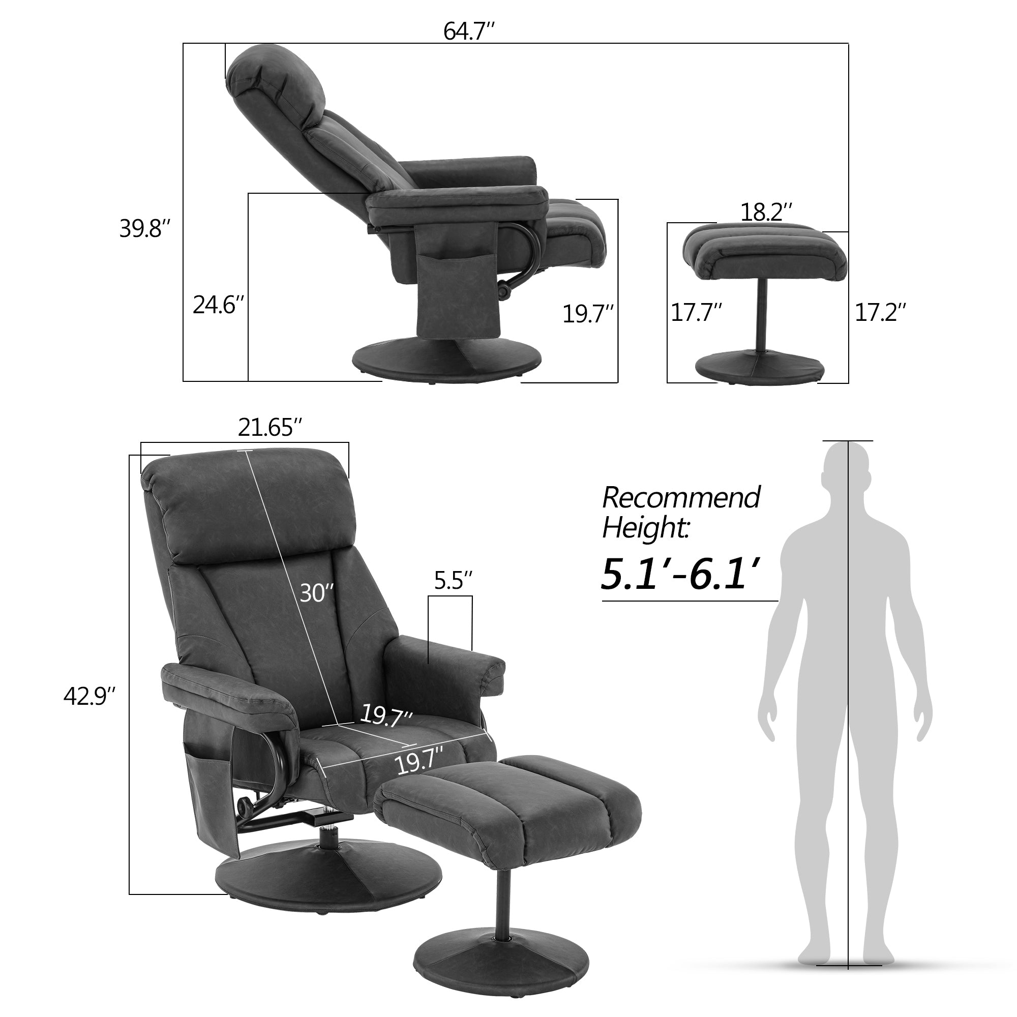 MCombo Swivel Recliner with Ottoman, Reclining Chair with Massage, Faux Leather Lounge Chairs for Living Room Bedroom 4539