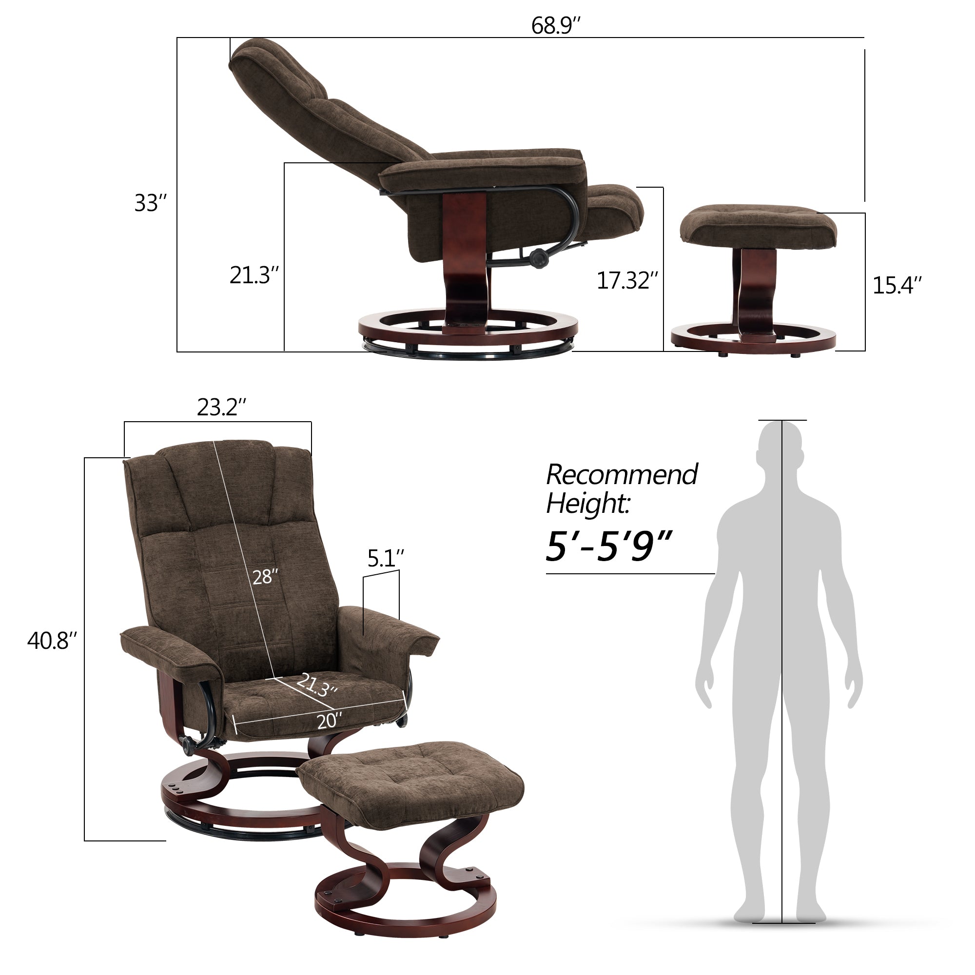 MCombo Swivel Recliner with Ottoman, Manual Recliner Chairs with Wood Base for Living Room Bedroom Office, Chenille Fabric 4919