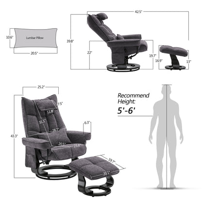 MCombo Swivel Recliner with Ottoman, Chenille Upholstered Massage TV Chair, Ergonomic Lounge Chairs for Living Room Bedroom 4605