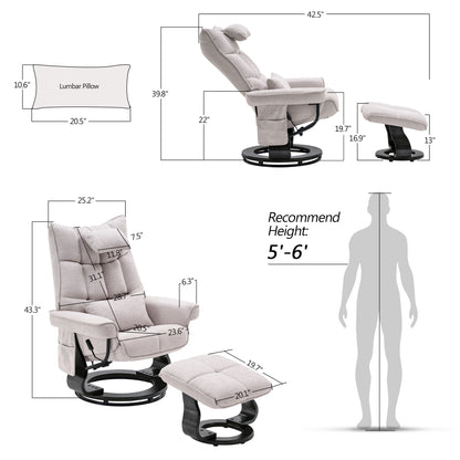 MCombo Swivel Recliner with Ottoman, Chenille Upholstered Massage TV Chair, Ergonomic Lounge Chairs for Living Room Bedroom 4605