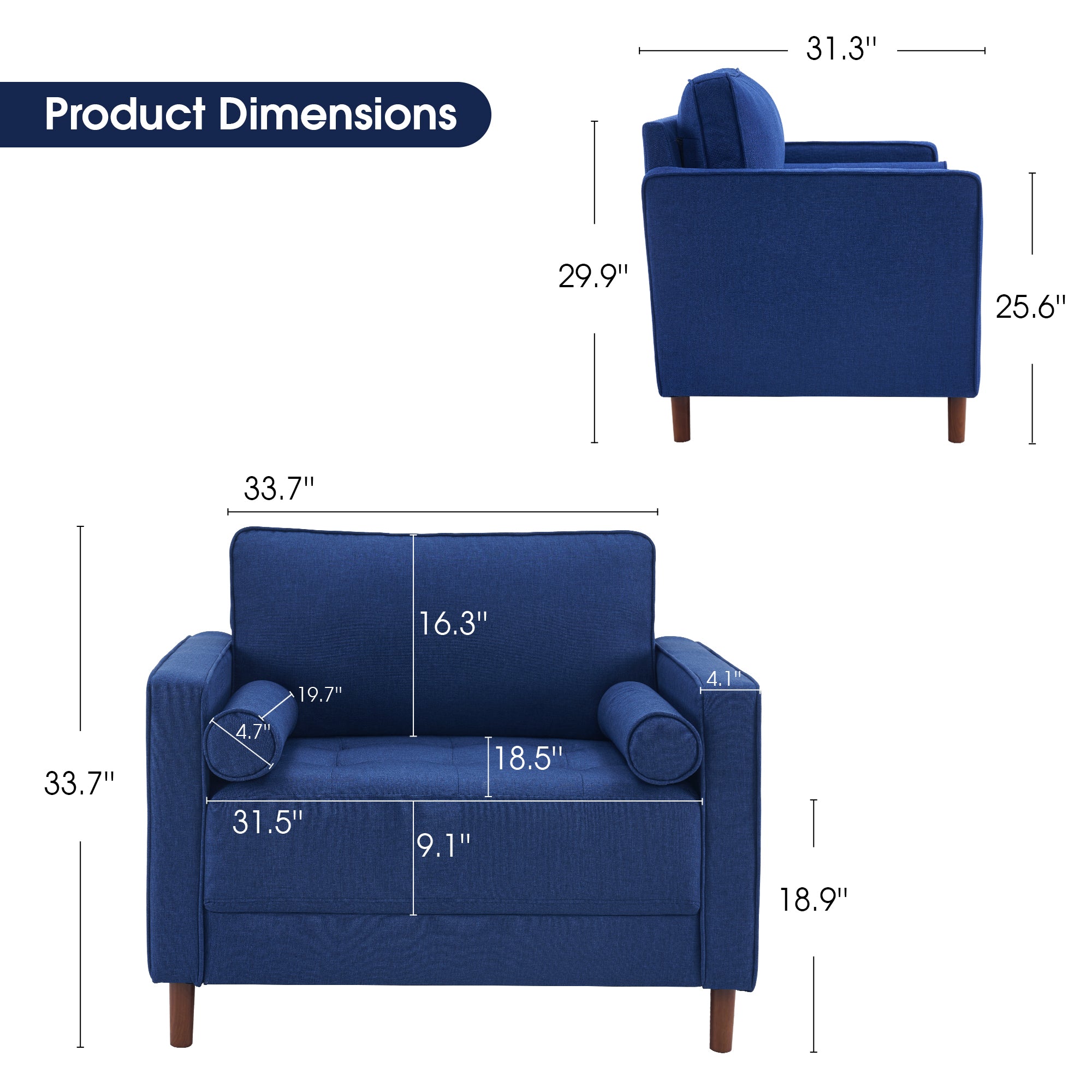 Mcombo Mid-Century Oversized Accent Chair and A Half, Linen Lounge Sofa Couch with Pillows, Large Club Armchair for Living Room Bedroom LW852