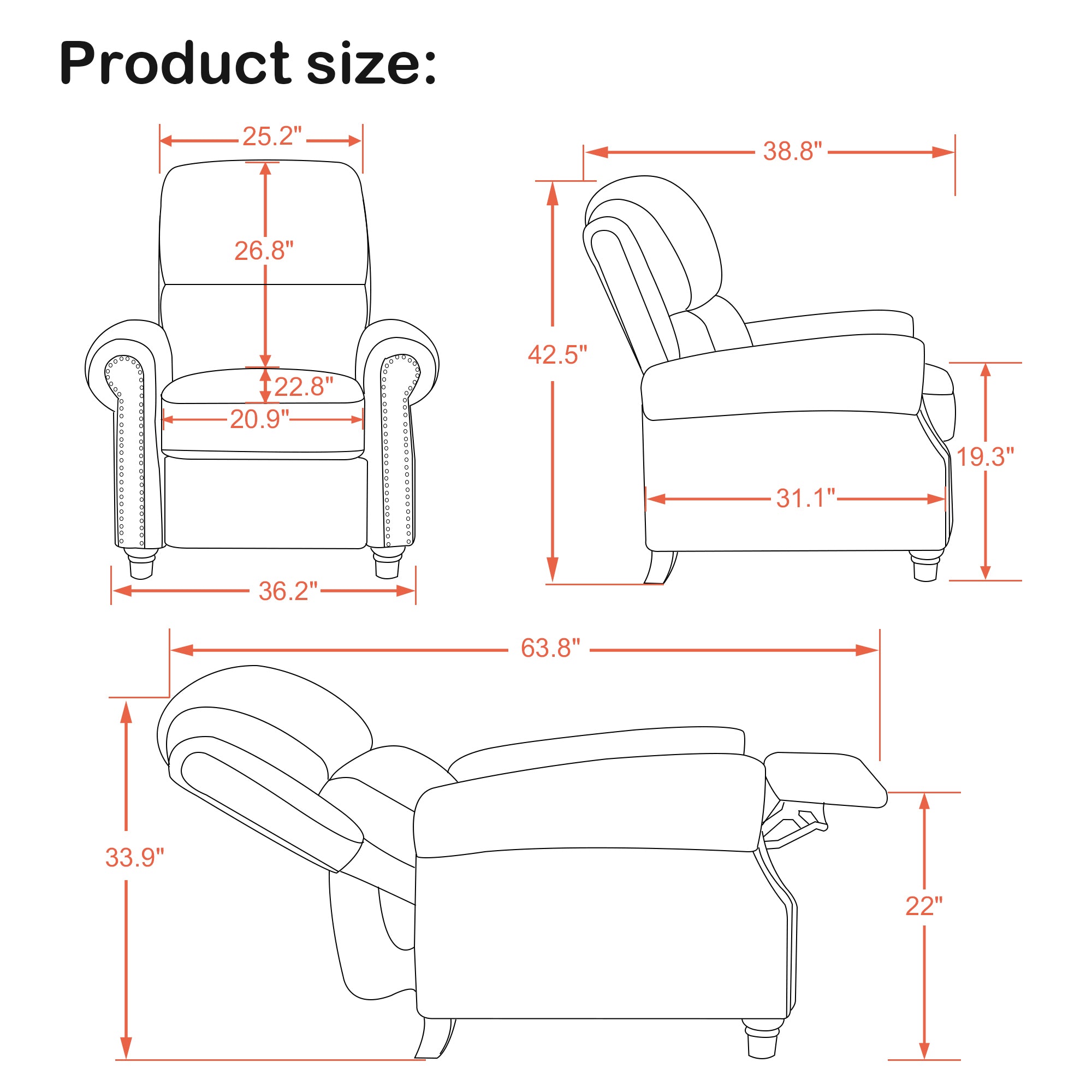 MCombo Pushback Recliner Chair, Chenille Upholstered Accent Chairs, Adjustable Reclining Sofa with Easy Lounge for Living Room Office 4865