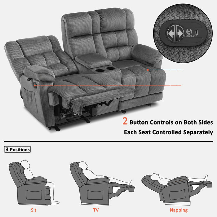 MCombo Fabric Power Loveseat Recliner with Console, Electric Reclining Loveseat Sofa with Heat and Vibration, USB Charge Ports for Living Room 6160-RS6234