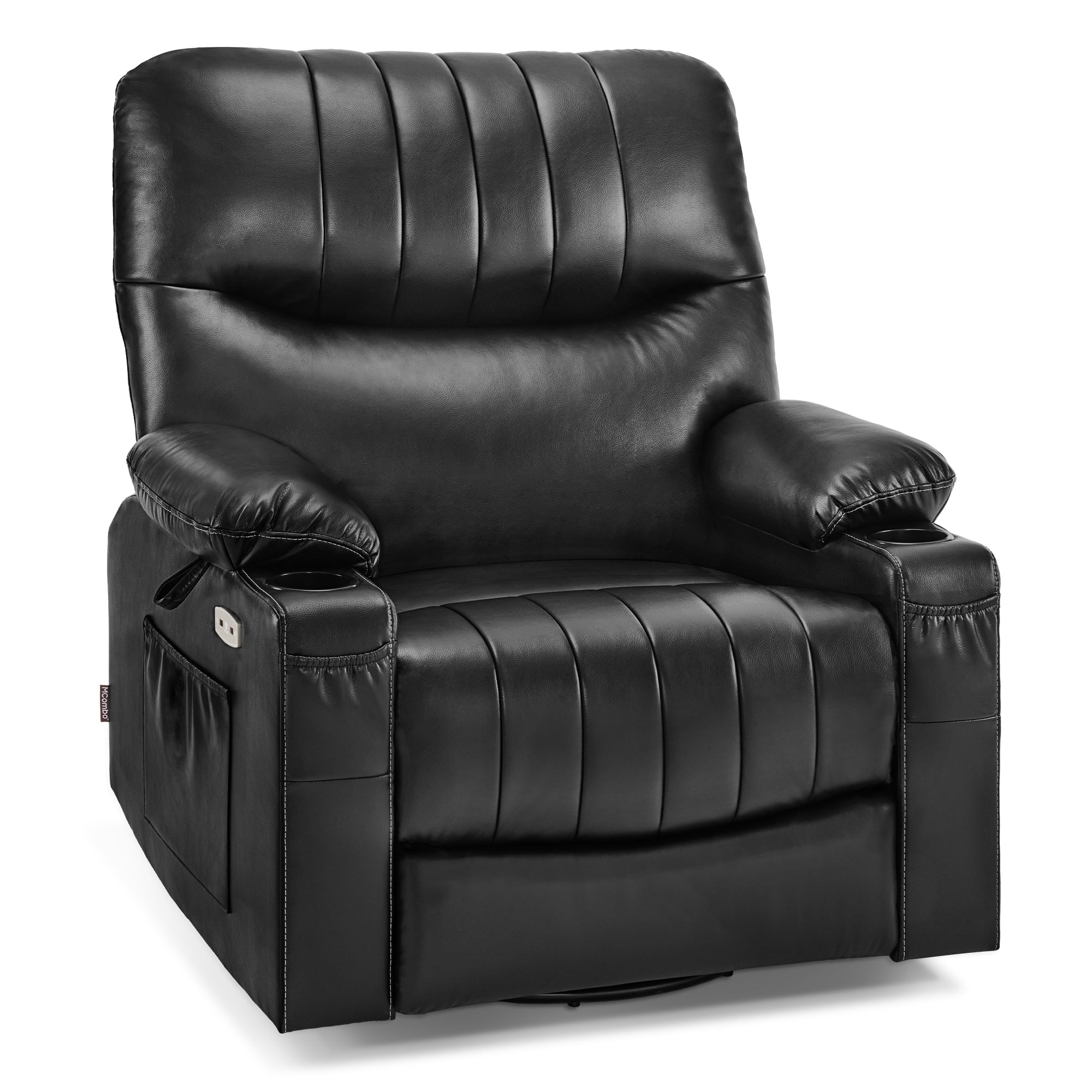 MCombo Power Recliner, Electric Swivel Glider Rocker Recliner Chair for Nursery with Vibration and Heat, USB Ports, Cup Holders and Pockets, Faux Leather 6160-7785