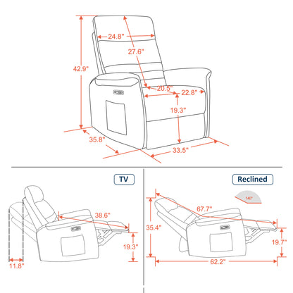 MCombo Fabric Power Recliner, Electric Swivel Glider Rocker Recliner Chair for Nursery with USB Ports, Side Pockets for Living Room, Small Space 6160-7763