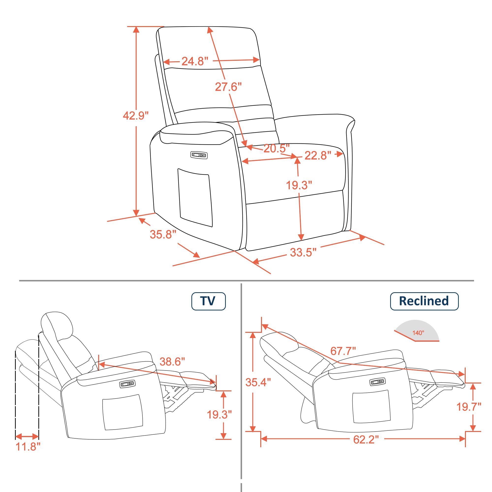 MCombo Fabric Power Recliner, Electric Swivel Glider Rocker Recliner Chair for Nursery with USB Ports, Side Pockets for Living Room, Small Space 6160-7763