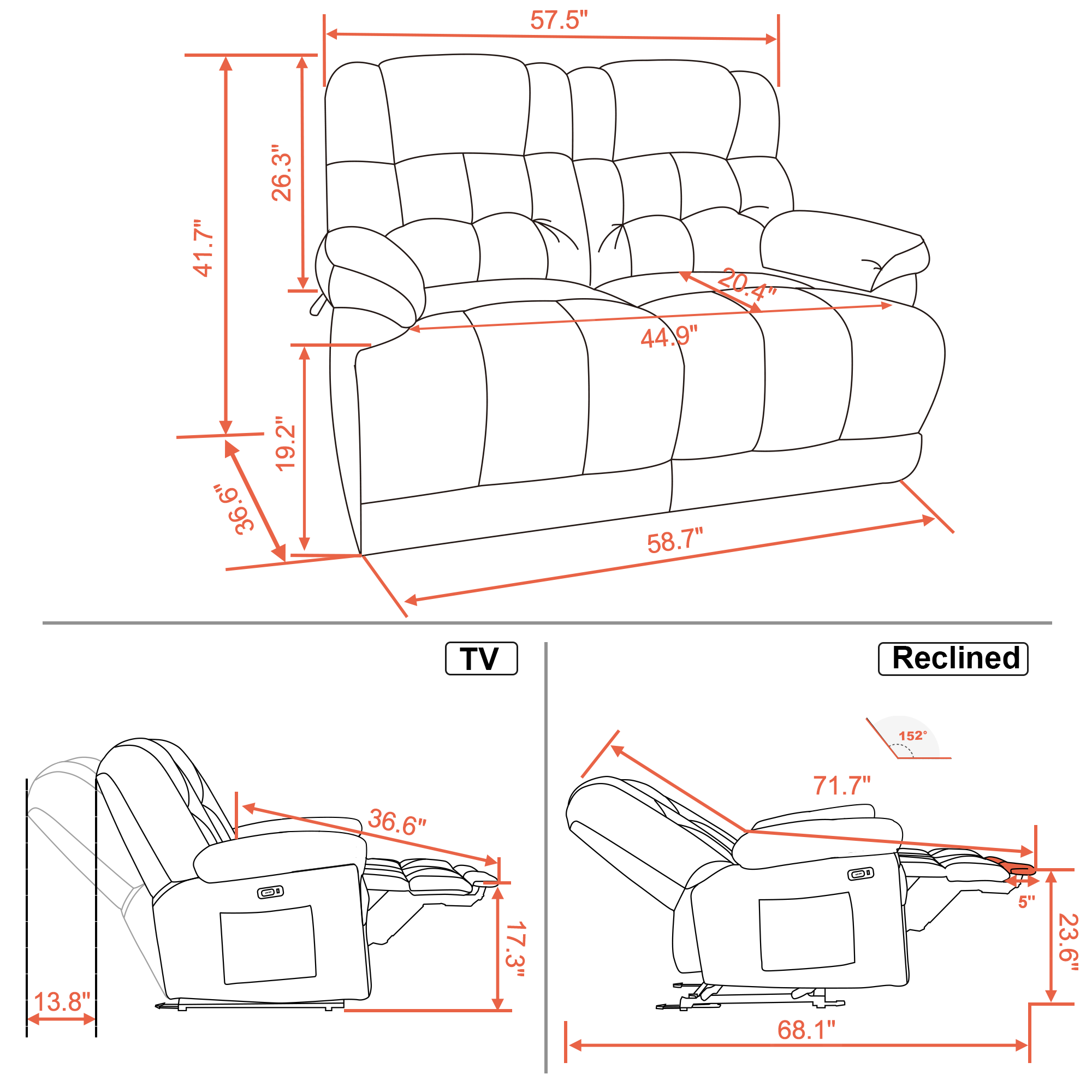 MCombo Fabric Power Loveseat Recliner, Electric Reclining Loveseat Sofa with Heat and Massage, USB Charge Port for Living Room 6237