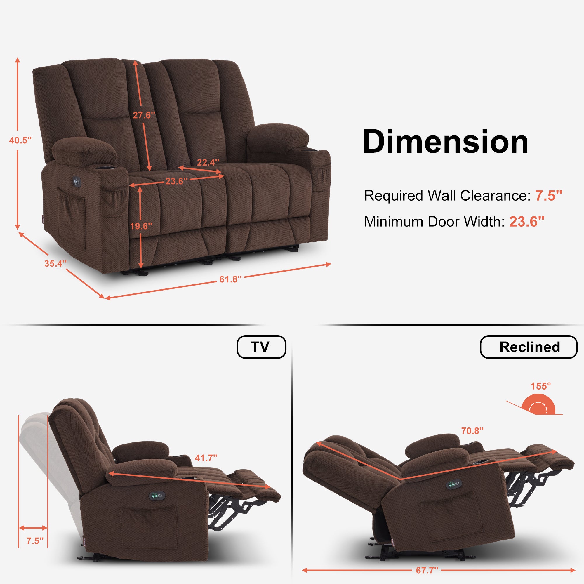 Power Reclining Loveseat with Heat and Massage, Fabric 6025