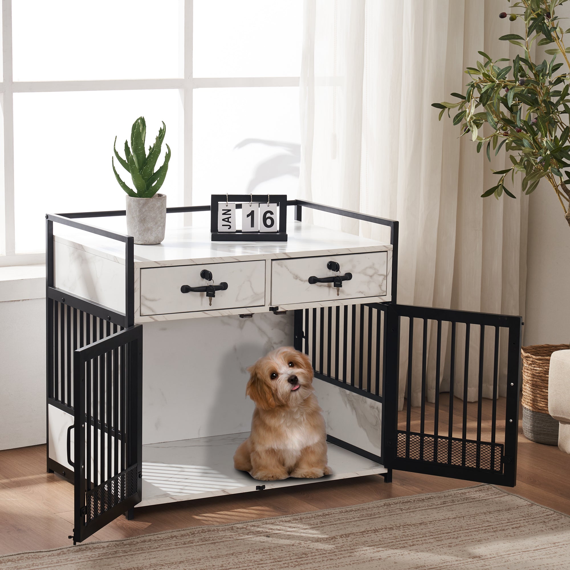 Mcombo Furniture Style Dog Crate, Wooden Dog Crate End Table, Double Doors Dog Kennel with Storage Drawers, 0649