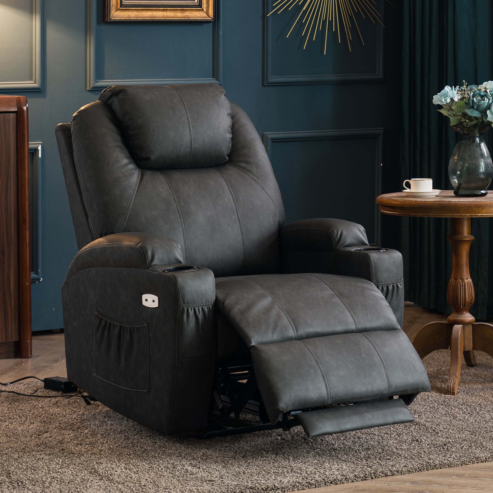 Mcombo Electric Power Recliner Chair with Massage and Heat, 2 Positions, USB Charge Ports, 2 Side Pockets and Cup Holders, Faux Leather 7050