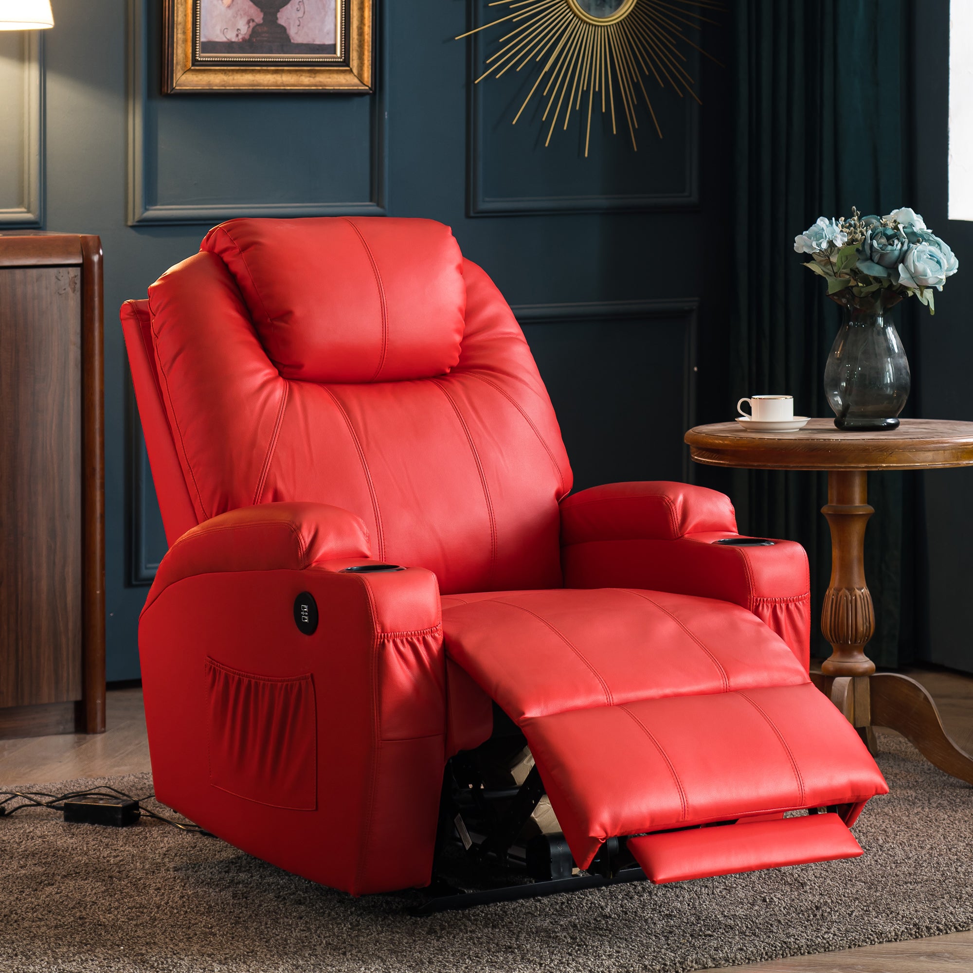 Mcombo Electric Power Recliner Chair with Massage and Heat, 2 Positions, USB Charge Ports, 2 Side Pockets and Cup Holders, Faux Leather 7050