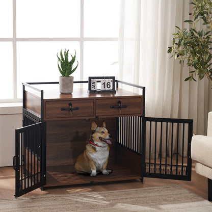 Mcombo Furniture Style Dog Crate, Wooden Dog Crate End Table, Double Doors Dog Kennel with Storage Drawers, 0649