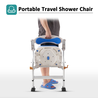 MCombo Folding Shower Chair for Travel, Shower Chair No Assembly with Unique Anti-Slip Foot, Bedside Shower Commode Chair with Drop Arm and Backrest for Seniors, Disabled, Lightweight Portable