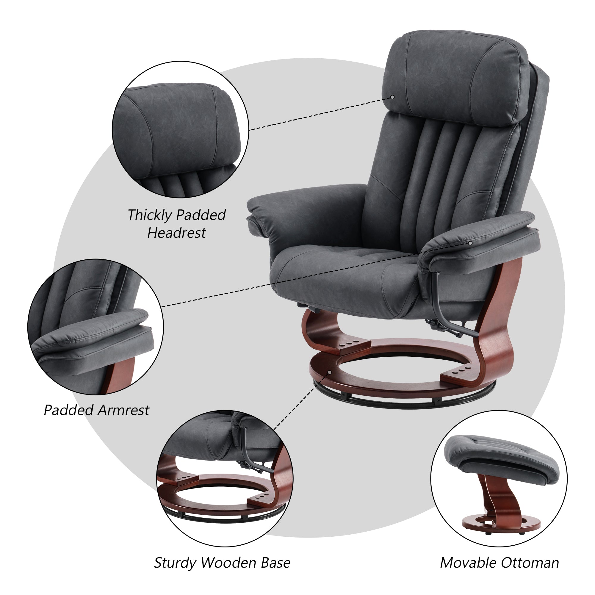 Mcombo Reclining Chairs with Ottoman, 360 Degrees Swivel Recliners with Massage, Faux Leather Ergonomic Lounge Chairs for Living Room Bedroom 4999