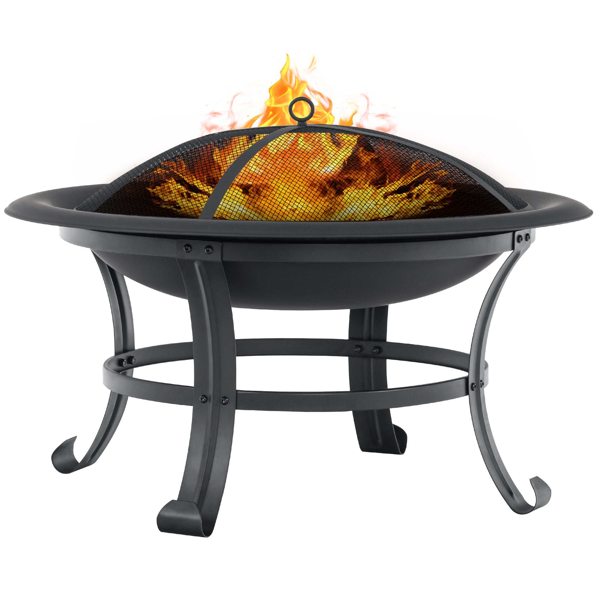 MCombo 30" Metal Black Fire Pit Round Table Backyard Patio Terrace Fire Bowl Heater/BBQ/Ice Pit with Charcoal Rack Waterproof Cover FT073, Black