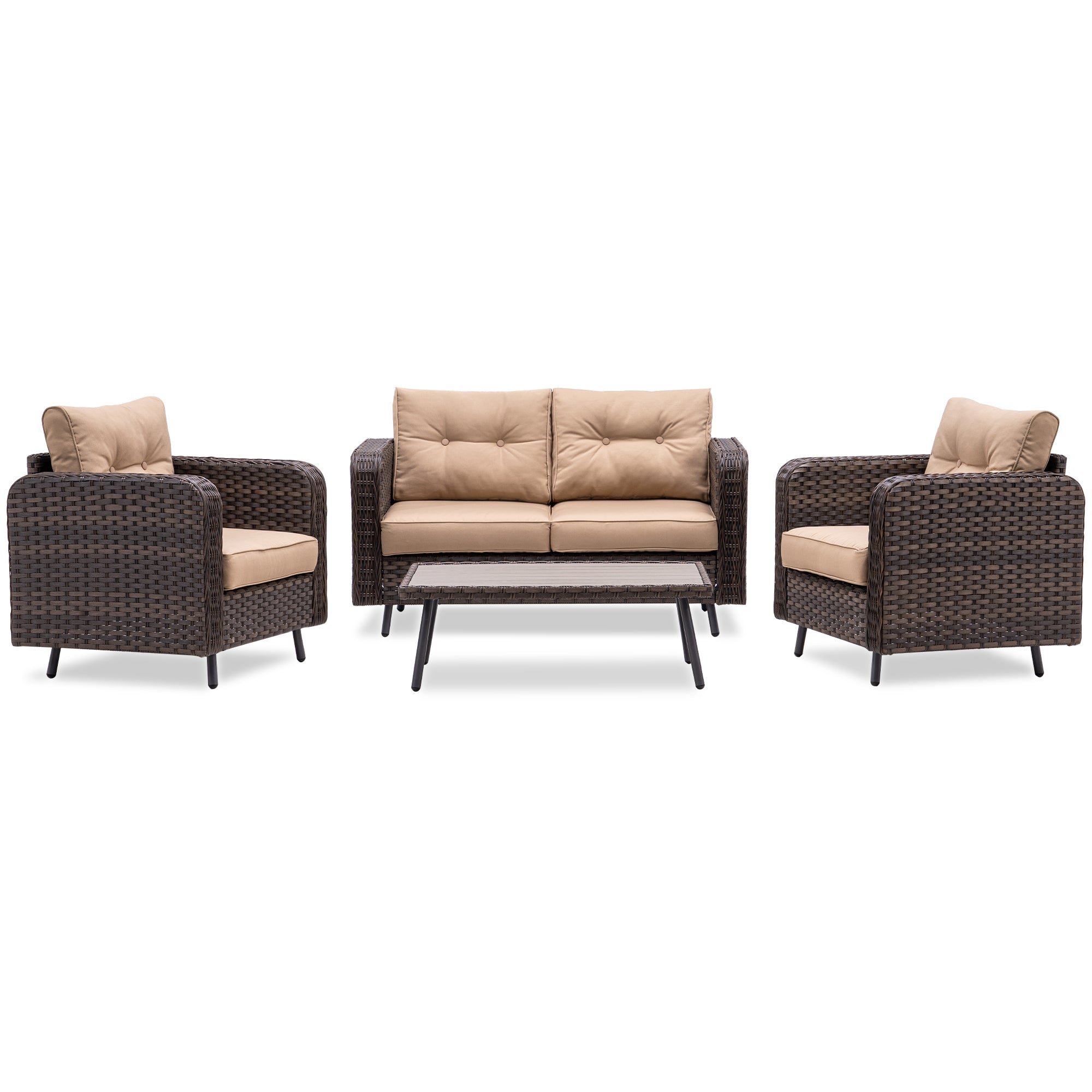 MCombo 4 Piece Outdoor Patio Furniture Sets, Brown Wicker Patio Conversation Set with Cushions and Coffee Table, Rattan Patio Furniture Sofa Set for Garden,Porch and Deck 6082-9541BR
