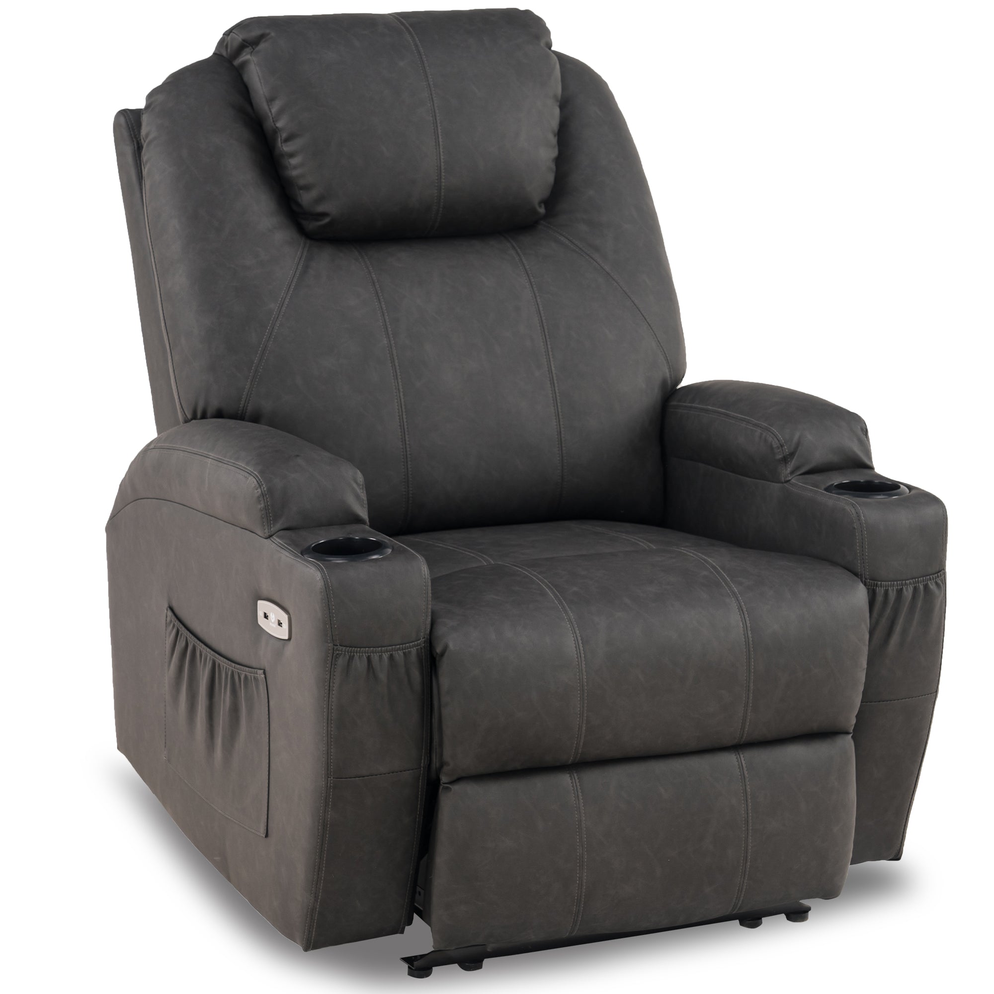 Mcombo Electric Power Recliner Chair with Massage and Heat, 2 Positions, USB Charge Ports, 2 Side Pockets and Cup Holders, Faux Leather 7050