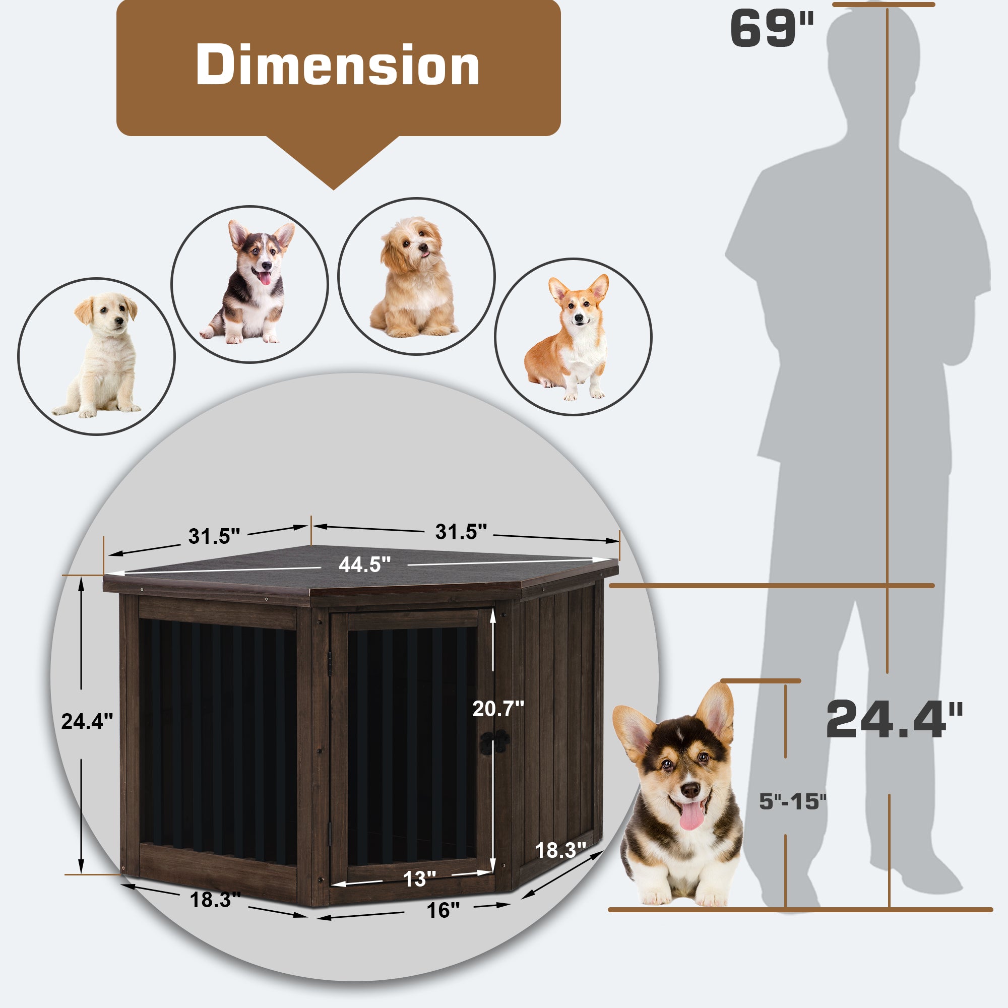 Mcombo Furniture Corner Dog Crate, End Table Dog Kennel with Door, Wooden Dog House, Pet Crate Indoor Use