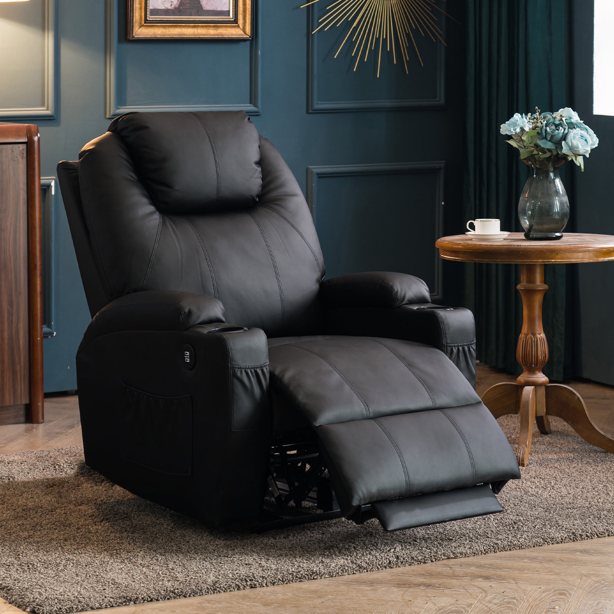 Mcombo Electric Power Recliner Chair with Massage and Heat, 2 Positions, USB Charge Ports, 2 Side Pockets and Cup Holders, Faux Leather 7050