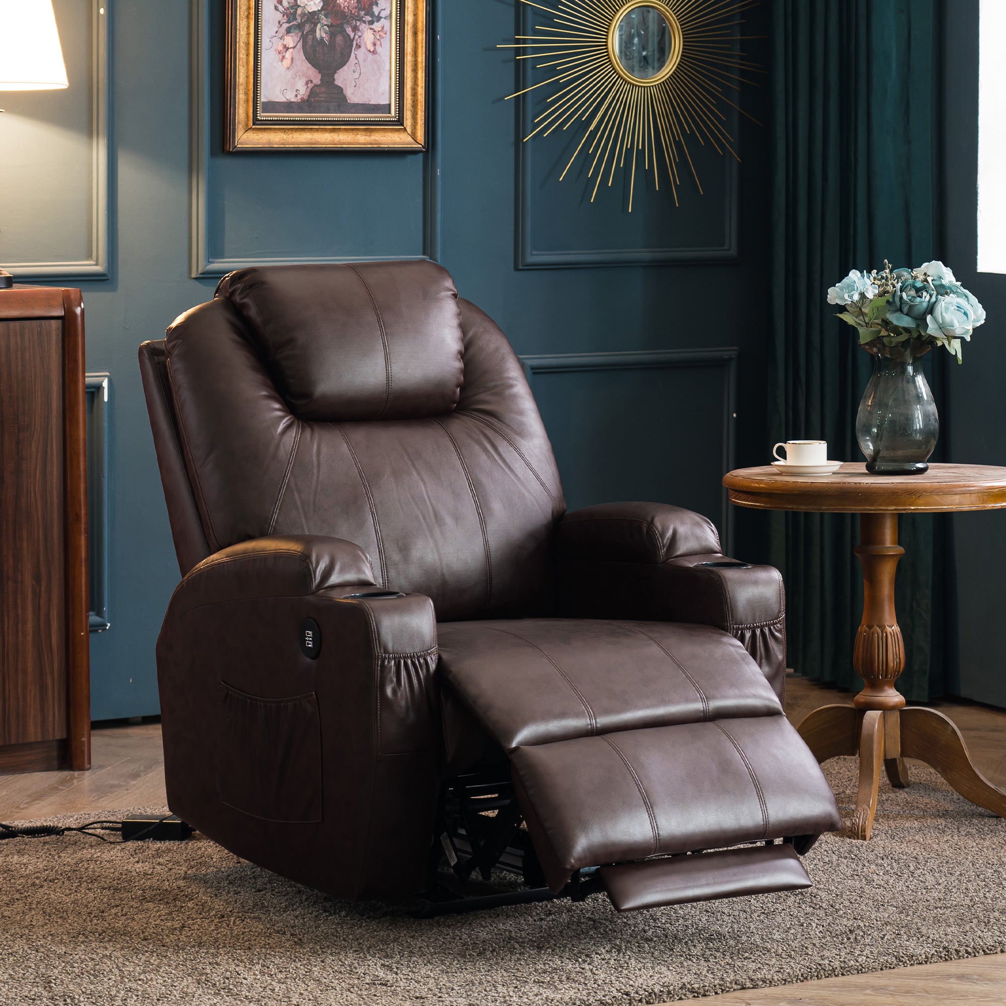 Mcombo Electric Power Recliner Chair with Massage and Heat, 2 Positions, USB Charge Ports, 2 Side Pockets and Cup Holders, Faux Leather 7050