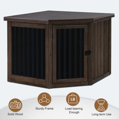 Mcombo Furniture Corner Dog Crate, End Table Dog Kennel with Door, Wooden Dog House, Pet Crate Indoor Use