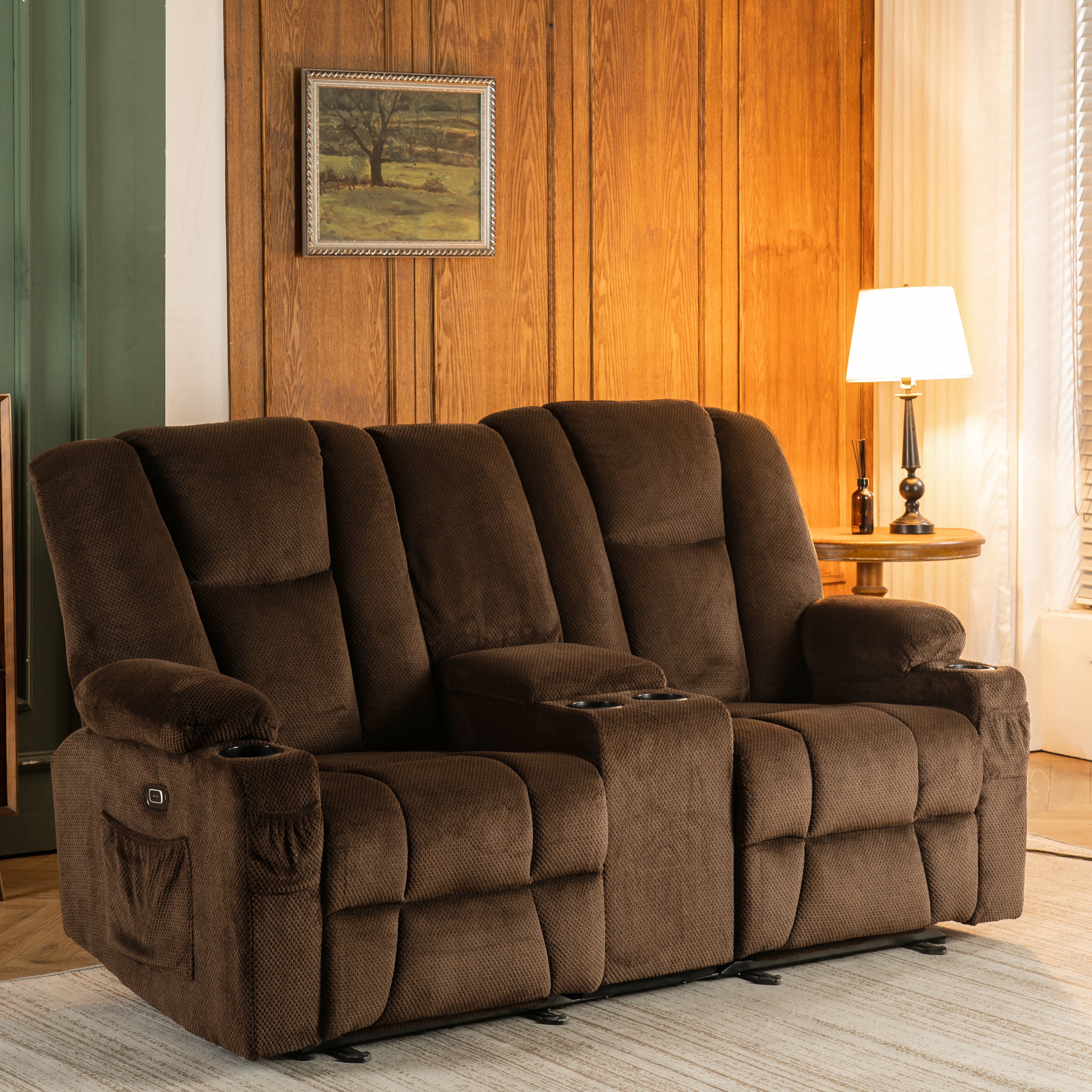 Power Reclining Loveseat with Console,  Heat and Massage, Fabric 6045