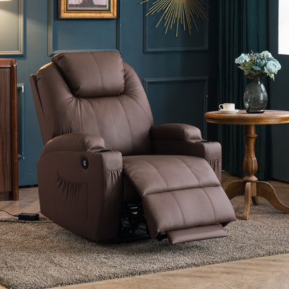 Mcombo Electric Power Recliner Chair with Massage and Heat, 2 Positions, USB Charge Ports, 2 Side Pockets and Cup Holders, Faux Leather 7050