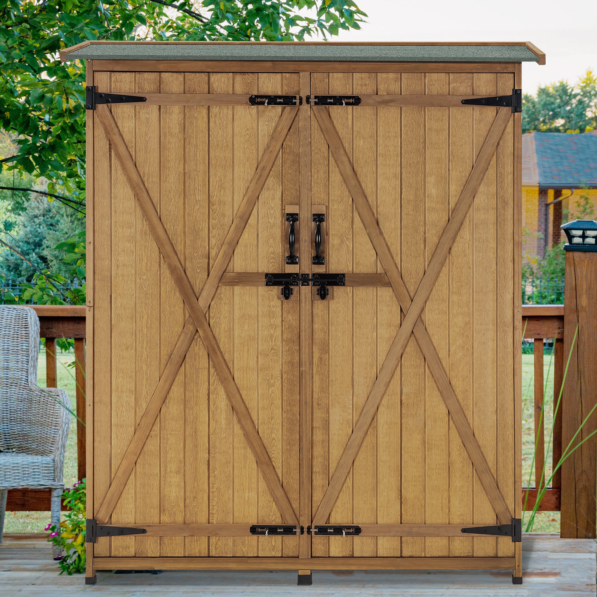 Mcombo Outdoor Storage Cabinet, Wood Garden Shed, Outside Tool Shed, Vertical Organizer Cabinet with Double Lockable Doors for Outside, Garden and Yard 6056-1400