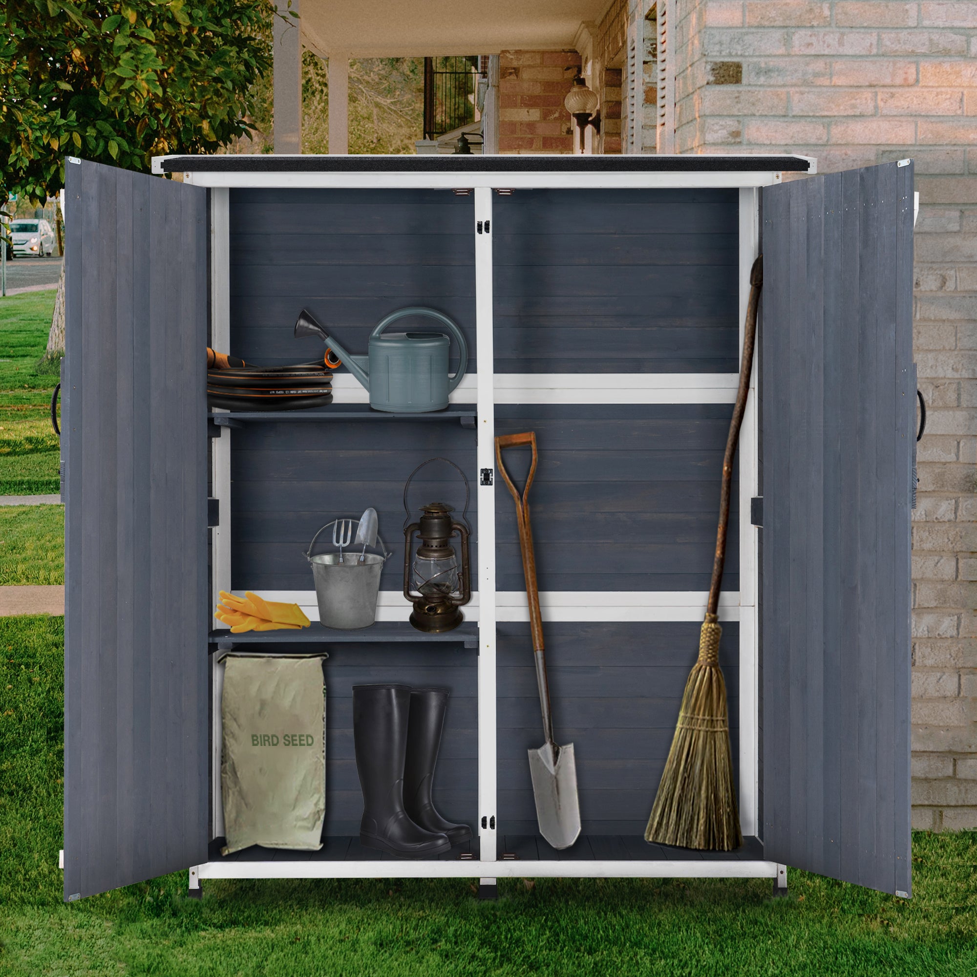 Mcombo Outdoor Storage Cabinet, Wood Garden Shed, Outside Tool Shed, Vertical Organizer Cabinet with Double Lockable Doors for Outside, Garden and Yard 6056-1400