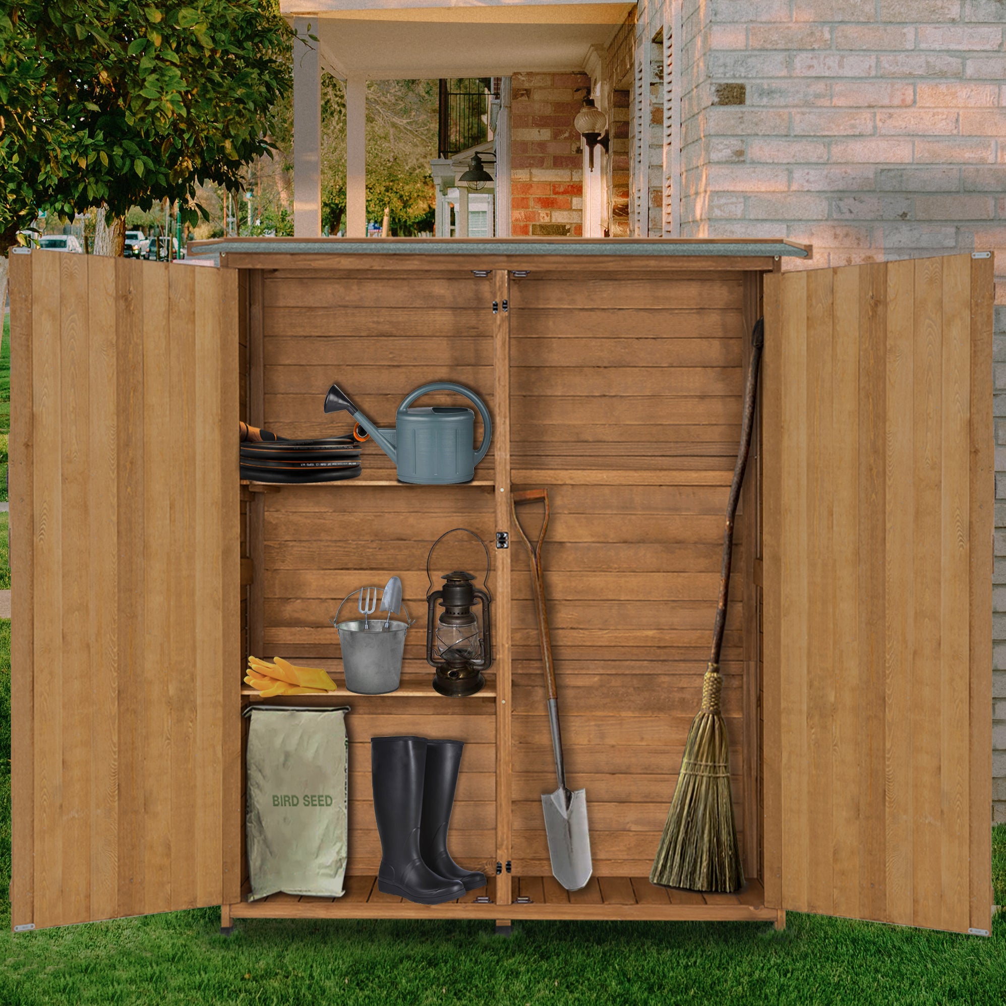 Mcombo Outdoor Storage Cabinet, Wood Garden Shed, Outside Tool Shed, V ...