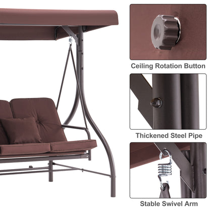 Mcombo 3-Seat Outdoor Patio Swing Chair, Adjustable Backrest and Canopy, Porch Swing Glider Chair, w/Cushions, 4068