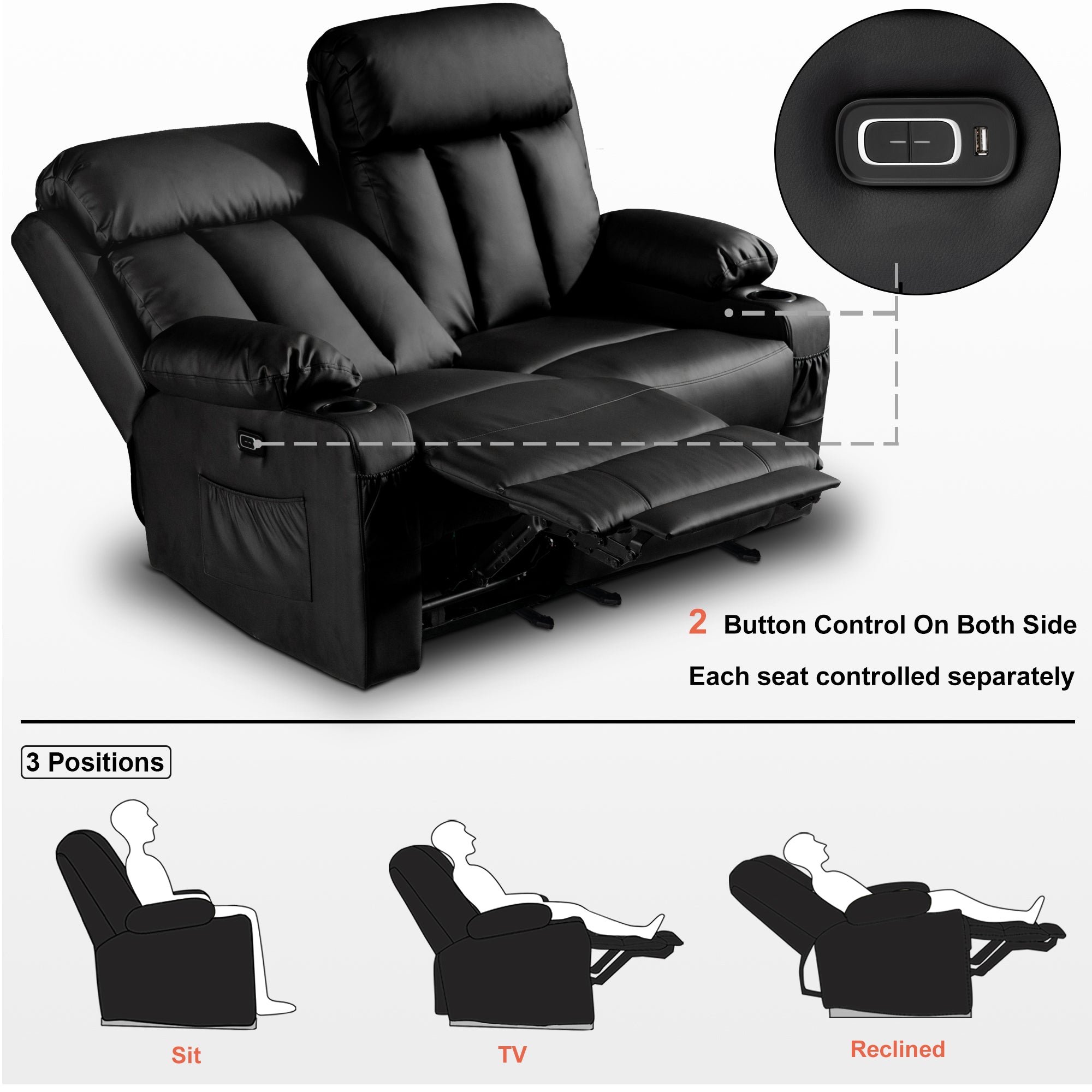 Mcombo Leather Power Loveseat Recliner, Electric Reclining Loveseat Sofa with Heat and Massage, Cup Holders, USB Charge Port for Living Room.6160- 6075