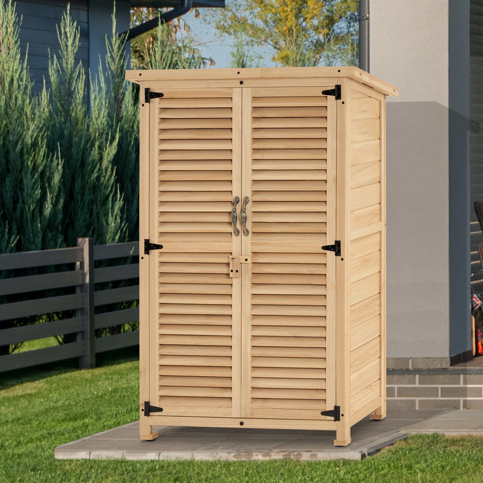 Mcombo Outdoor Wooden Storage Cabinet, Garden Tool Shed with Latch, Outside Tools Wood Cabinet with Double Doors for Patio 0709 & 0808 & 1900