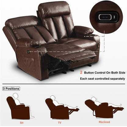 Mcombo Leather Power Loveseat Recliner, Electric Reclining Loveseat Sofa with Heat and Massage, Cup Holders, USB Charge Port for Living Room.6160- 6075