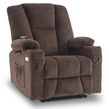 Mcombo Electric Power Recliner Chair with Massage & Heat, Extended Footrest, USB Ports, 2 Side Pockets, Cup Holders, Plush Fabric 8015