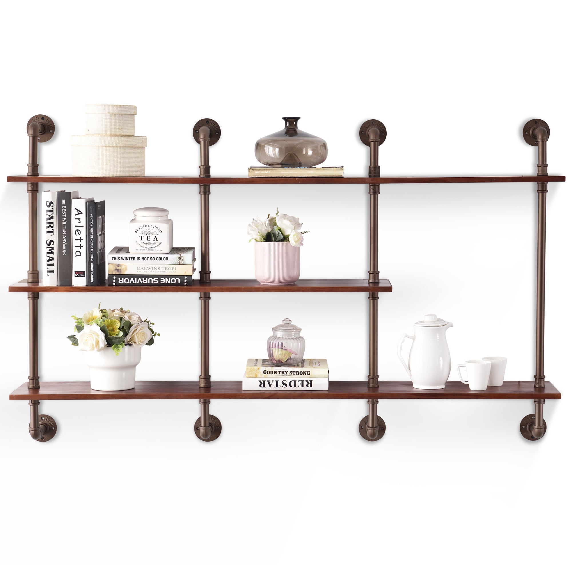 MCombo Industrial Pipe Shelving Wall Mounted, 63in Rustic Metal Floating Shelves, Solid Wood Book Shelves,Wall Shelf Unit Bookshelf Hanging Wall Shelves,Farmhouse Kitchen Bar Shelving(3 Tier),6090-Koala-K22,6090-Caber-C4