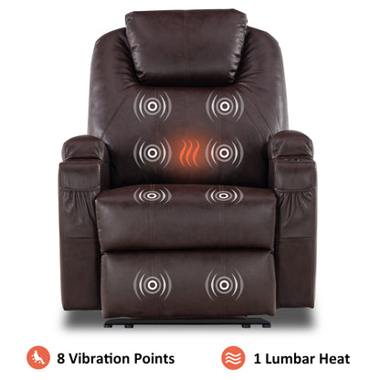 Mcombo Electric Power Recliner Chair with Massage and Heat, 2 Positions, USB Charge Ports, 2 Side Pockets and Cup Holders, Faux Leather 7050