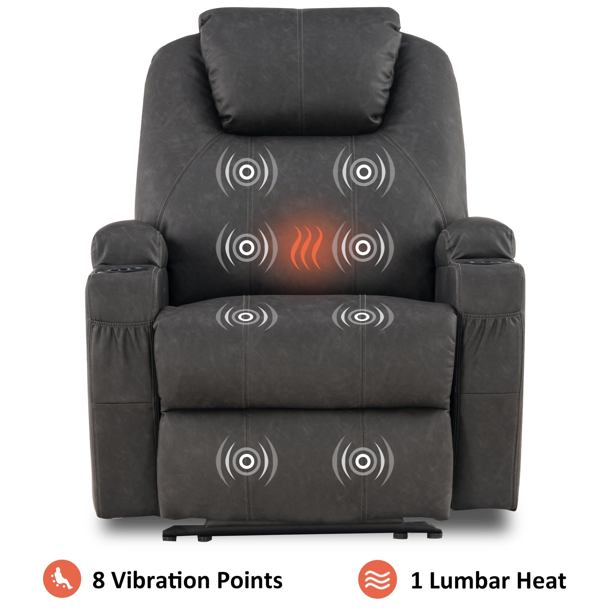 Mcombo Electric Power Recliner Chair with Massage and Heat, 2 Positions, USB Charge Ports, 2 Side Pockets and Cup Holders, Faux Leather 7050