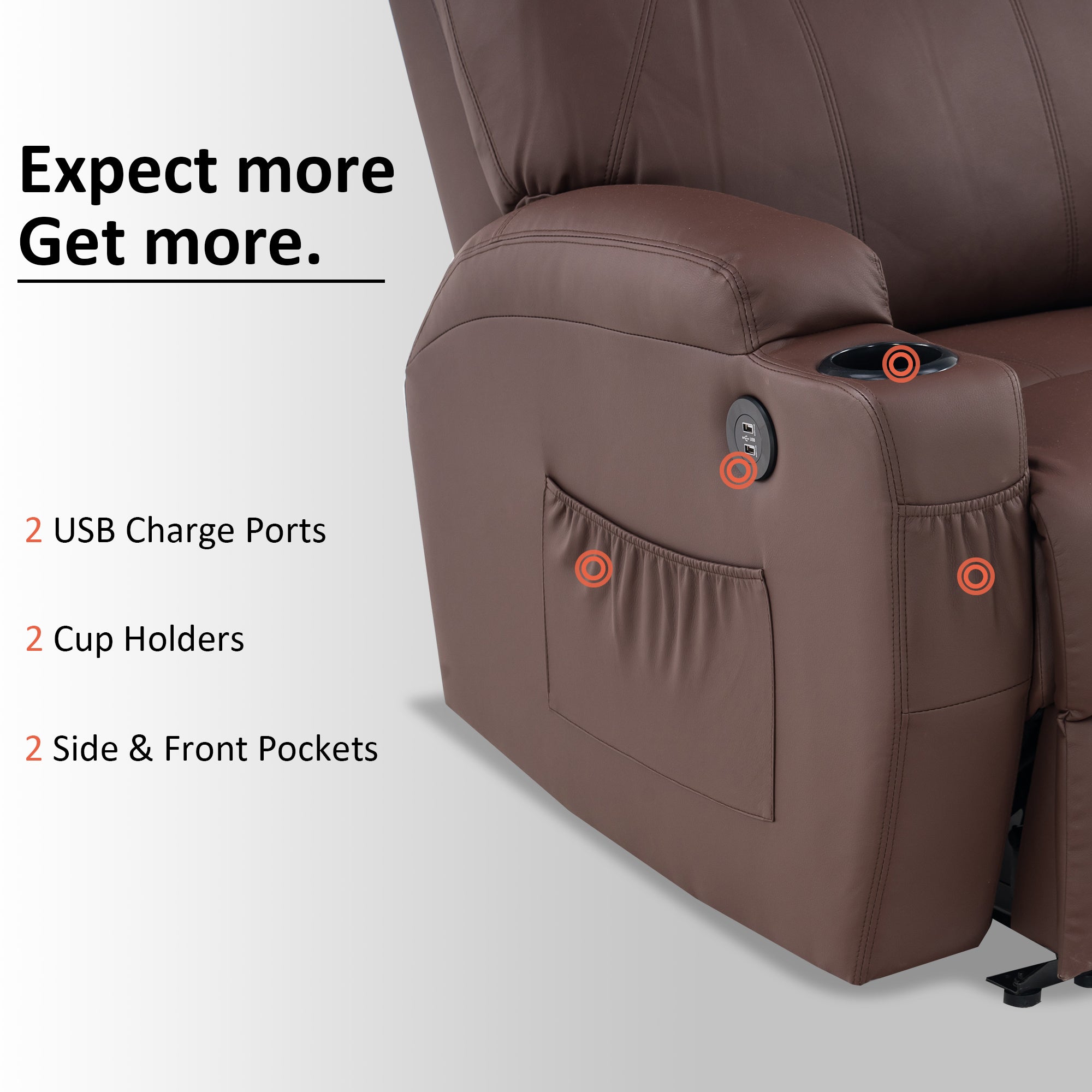 Mcombo Electric Power Recliner Chair with Massage and Heat, 2 Positions, USB Charge Ports, 2 Side Pockets and Cup Holders, Faux Leather 7050