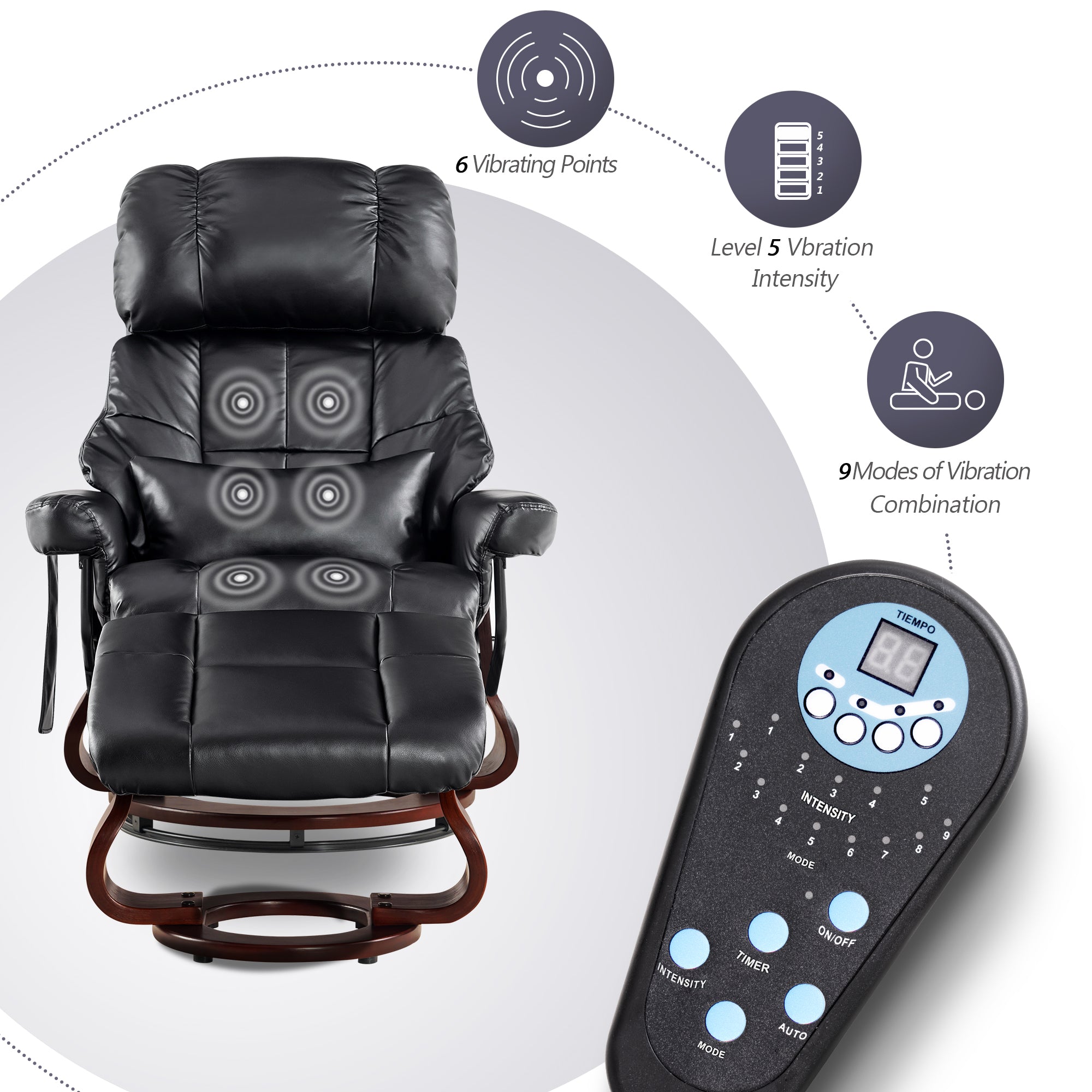 MCombo Recliner with Ottoman Reclining Chair with Massage and Lumbar Pillow, 360 Degree Swivel Wood Base, Faux Leather 9068