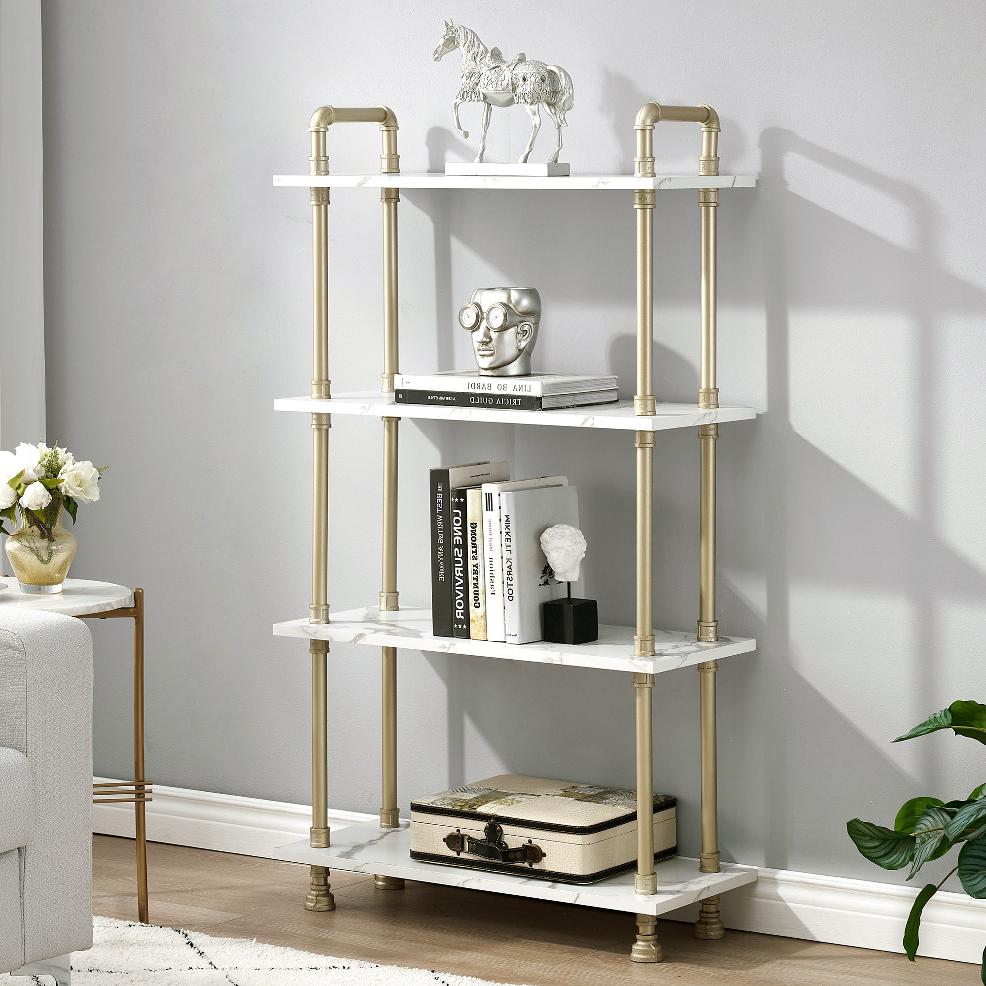 Mcombo 5 Tier Bookshelf Tall, Open Etagere Bookcase with Metal Frame, Office Shelf Storage Organizer, Modern Book Shelf for Living Room, Bedroom, Home Décor Display Rack, White Marble Gold 6090-BS303WGD/6090-BS404WGD/6090-BS505WGD