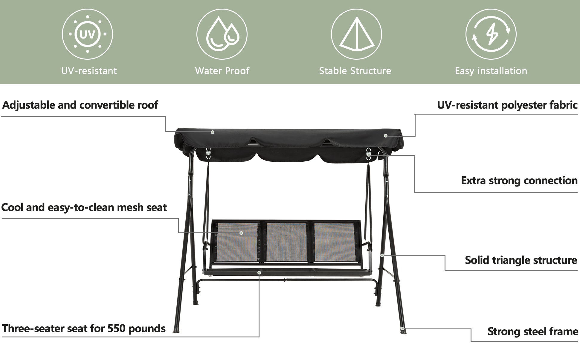 Mcombo Outdoor Patio Canopy Swing Chair 3-Person, Steel Frame Textilence Seats Swing Glider, 4507